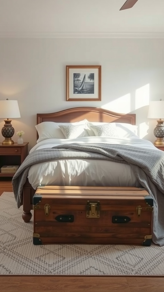 A wooden decorative trunk at the foot of a bed in a cozy bedroom setting.