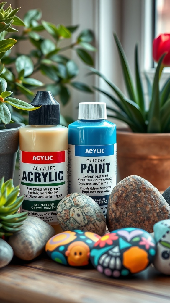 An image showing two bottles of paint, one labeled acrylic and the other outdoor paint, next to a collection of painted rocks.