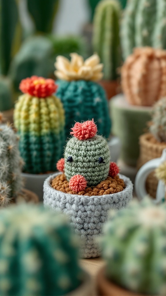 Colorful crocheted cacti in various sizes and textures arranged in pots.
