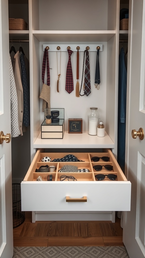 A neatly organized closet drawer with dividers holding sunglasses, ties, and other small items.