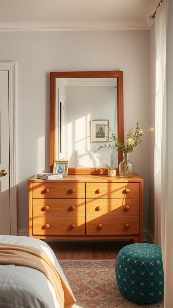 Cozy bedroom with a wooden dresser and mirror reflecting light