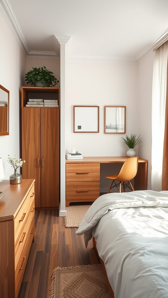 Small bedroom with a wooden dresser, desk, and bed, showcasing a cozy and organized layout.