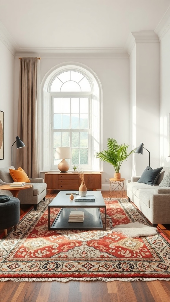 A cozy living room featuring an earthy-patterned area rug with warm tones, natural light, and inviting furniture.