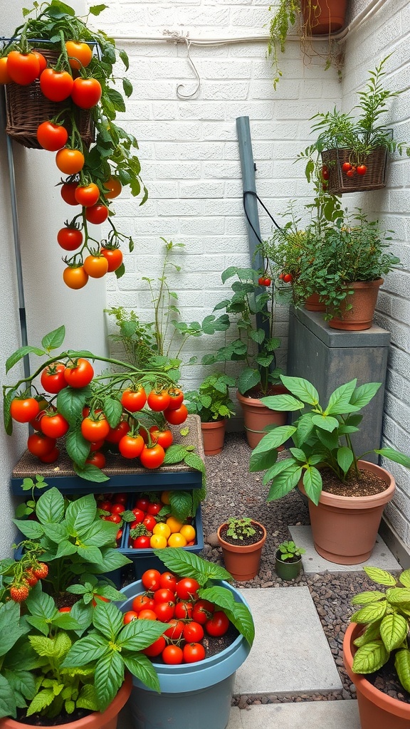 A small courtyard garden filled with various potted edible plants including tomatoes and herbs.