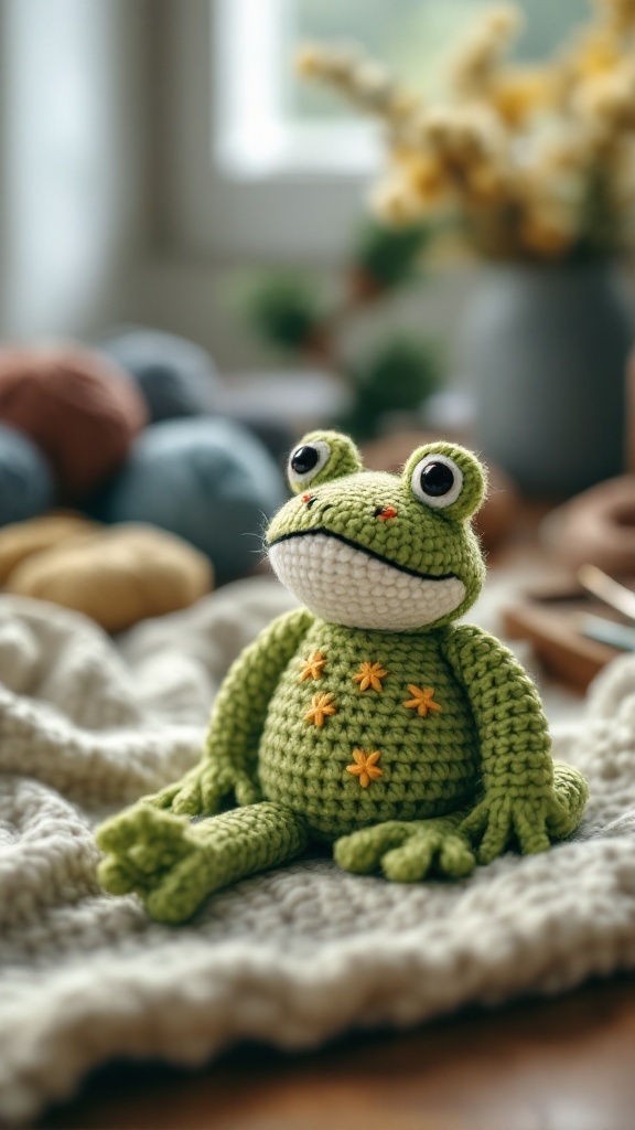 A crocheted frog with embroidered flowers on its belly, set against a cozy background.