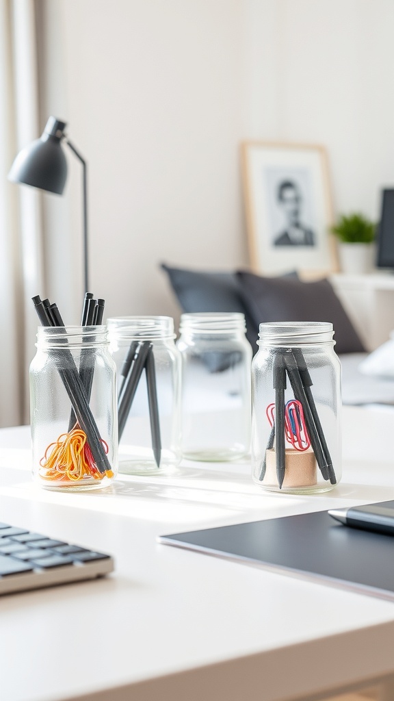 A clean desk with empty jars holding desk supplies like pens and paper clips.