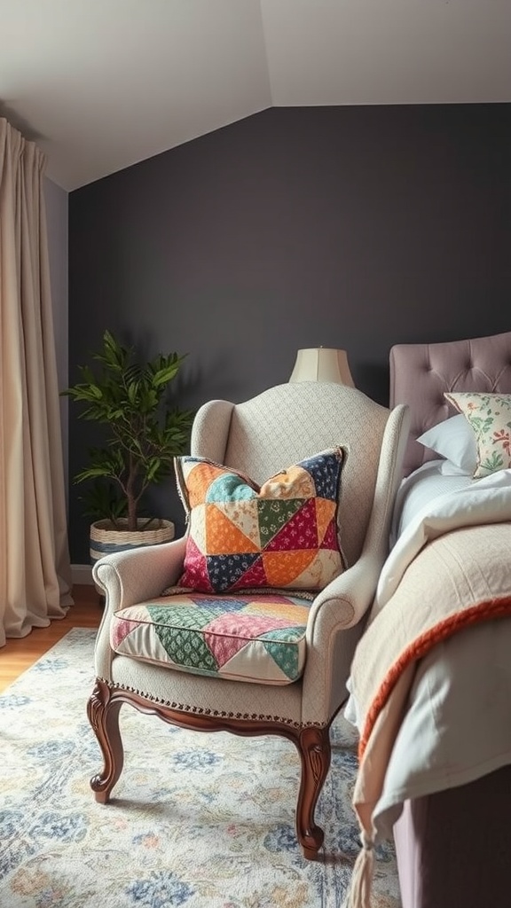 A cozy bedroom corner with an upholstered armchair and a colorful patchwork pillow.