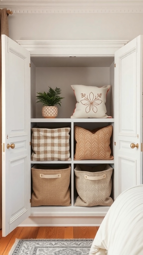 A cupboard with soft textured pillows and woven baskets organized neatly.