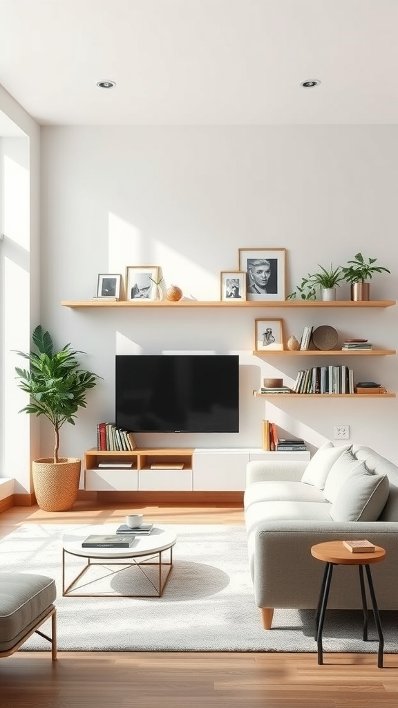 A modern living room with floating shelves displaying books and plants, a TV mounted on the wall, and a cozy sofa.