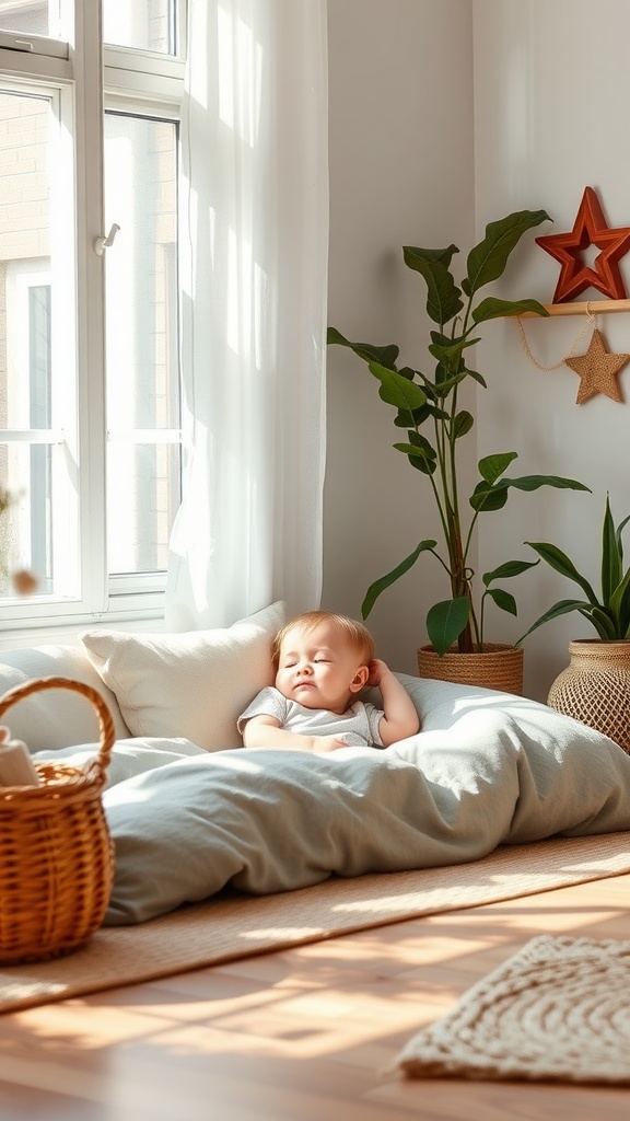A toddler napping peacefully on a floor bed surrounded by natural light and indoor plants.