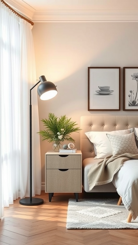 A stylish black floor lamp next to a cozy bed with a nightstand and decorative plant.