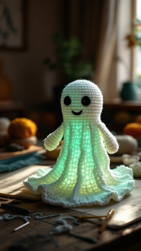 A crocheted ghost made of glow-in-the-dark yarn, featuring a smiling face and a flowing skirt, glowing softly in a cozy room.