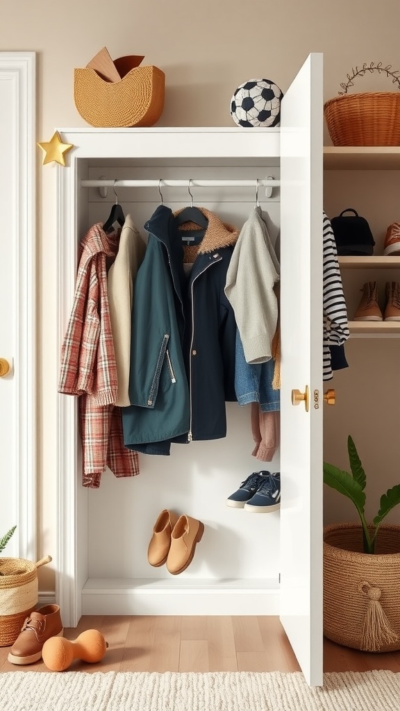 A toddler's closet organized with hooks for outerwear and accessories.