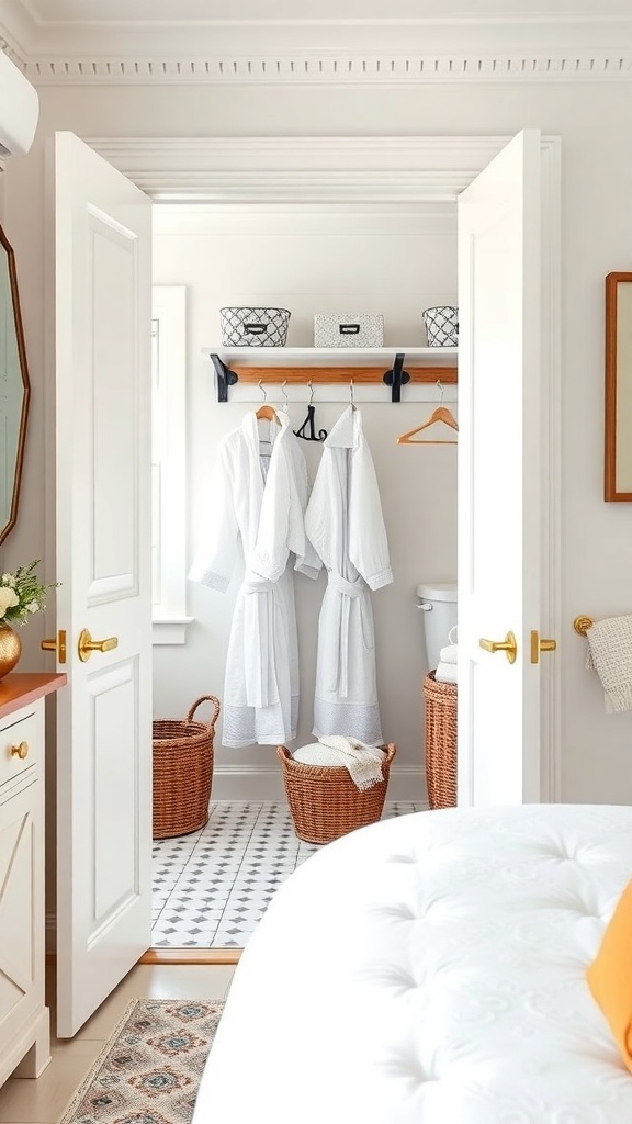 A bathroom closet with white robes hanging on hooks, stylish baskets on a shelf, and a clean, organized look.