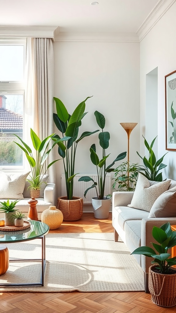 A bright living room featuring various indoor plants, showcasing a cozy seating area and natural light.
