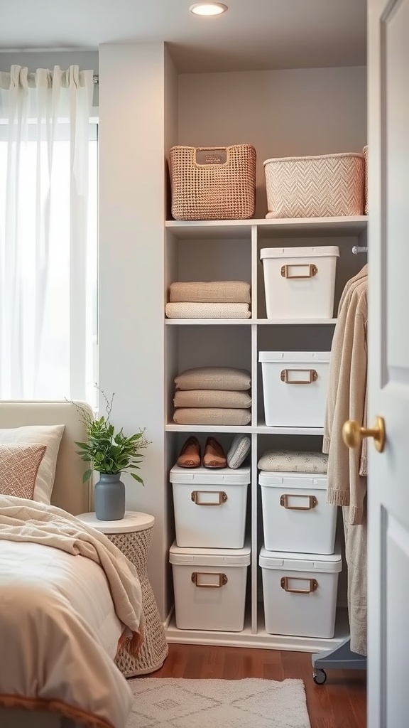 Organized closet with labeled storage bins and baskets