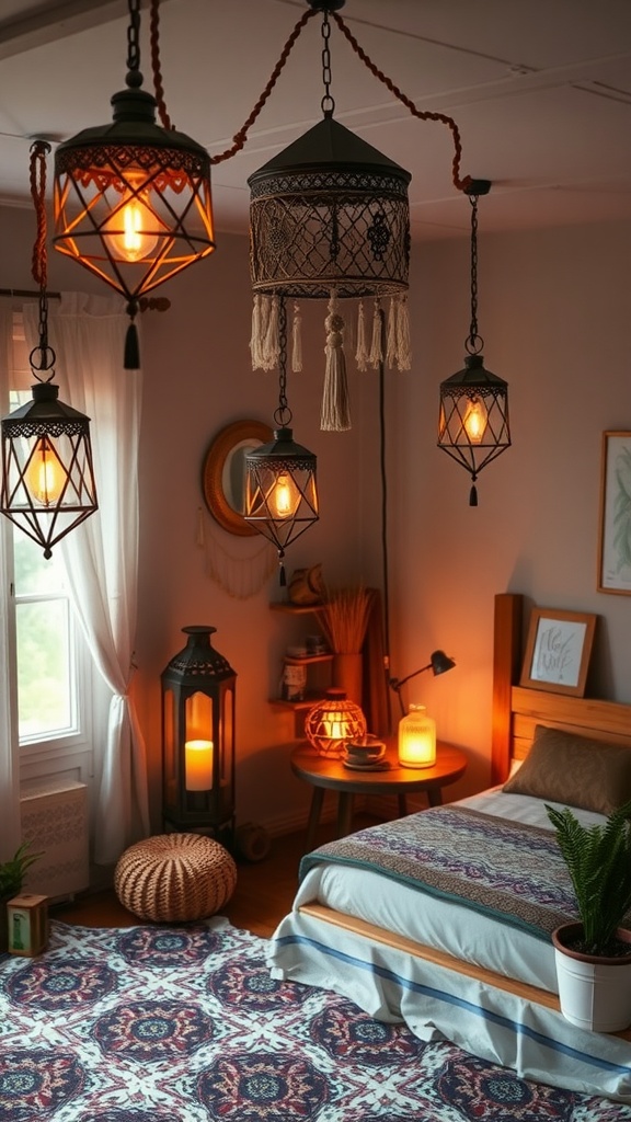 A cozy bedroom featuring hanging lanterns and warm lighting.