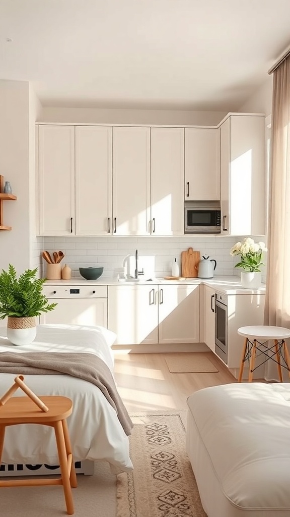 A bright and cozy apartment kitchen with white cabinets, light wood flooring, and plants.
