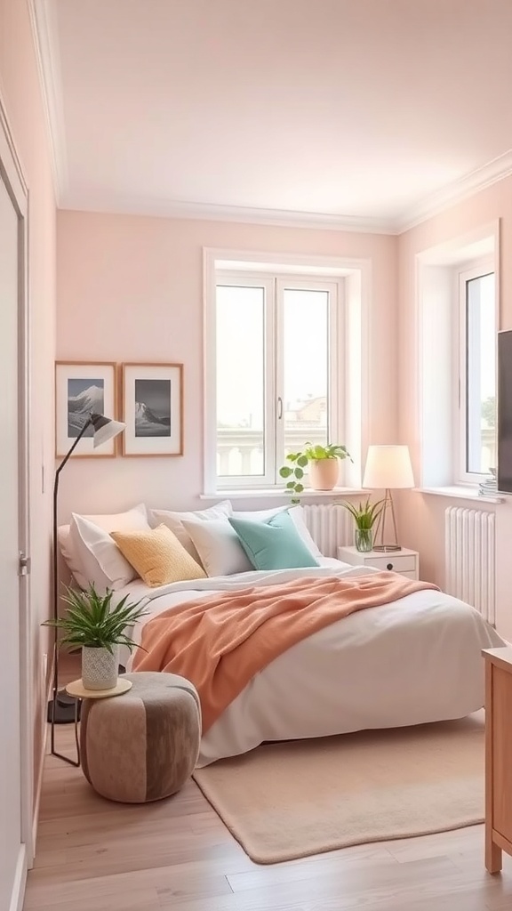 A cozy bedroom with light pink walls, soft bedding, and natural light from windows.