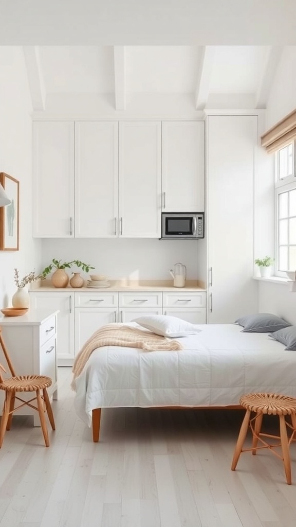 A small kitchen with white cabinets, light wood accents, and a cozy atmosphere.