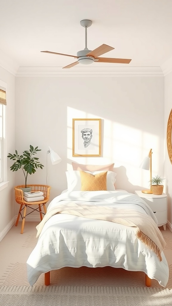 A bright and airy tiny bedroom featuring light colors, a bed with white bedding, a wooden chair, and a plant.