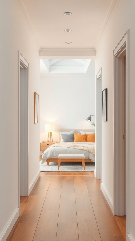 A narrow hallway with light-colored walls and wooden flooring, leading to a cozy bedroom.