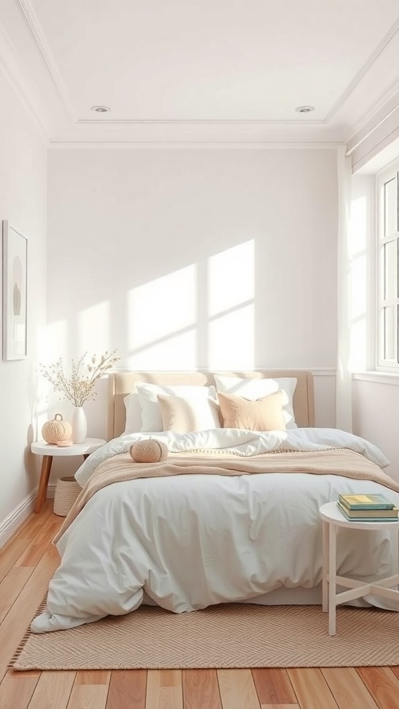 A small rectangular bedroom with light colors, featuring a bed with white linens, a bedside table, and natural light coming through the windows.