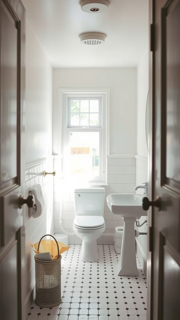 A small, modern bathroom with white walls, a toilet, a sink, and patterned floor tiles.