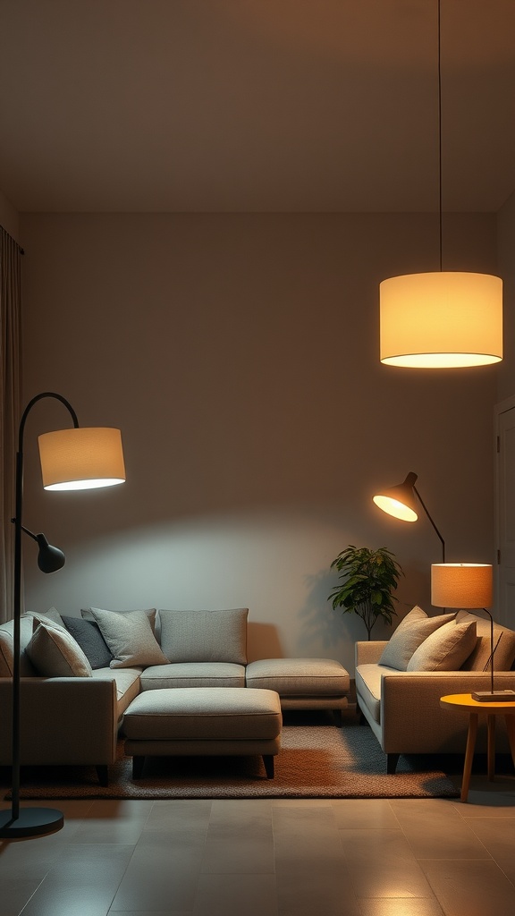 A cozy long rectangle living room with sectional sofa and warm lighting from various sources.