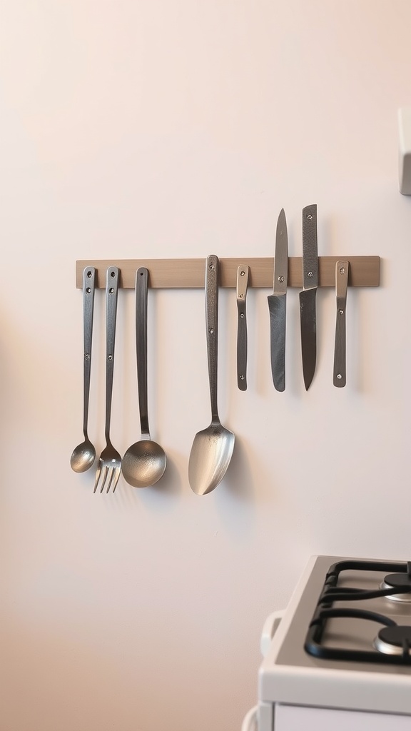 A magnetic strip displaying various kitchen utensils such as spoons, forks, and knives