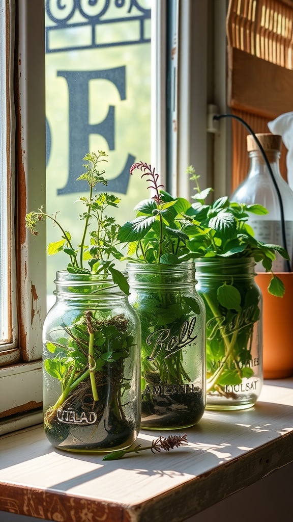 Mason jars filled with herbs placed on a windowsill