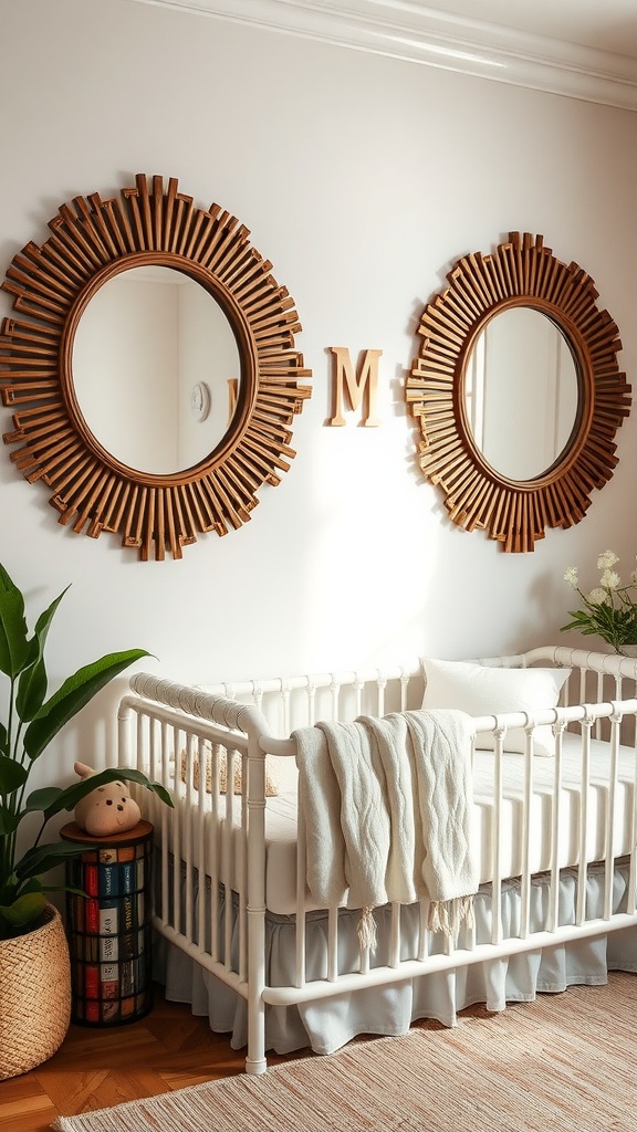 A cozy twin nursery featuring a crib, two round mirrors, and plants.