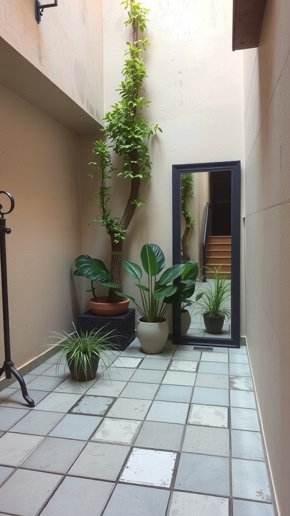 A small courtyard garden featuring plants, a mirror, and a modern design.