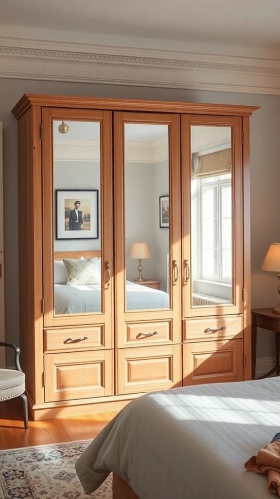 A wooden cupboard with mirrored doors in a cozy bedroom setting.