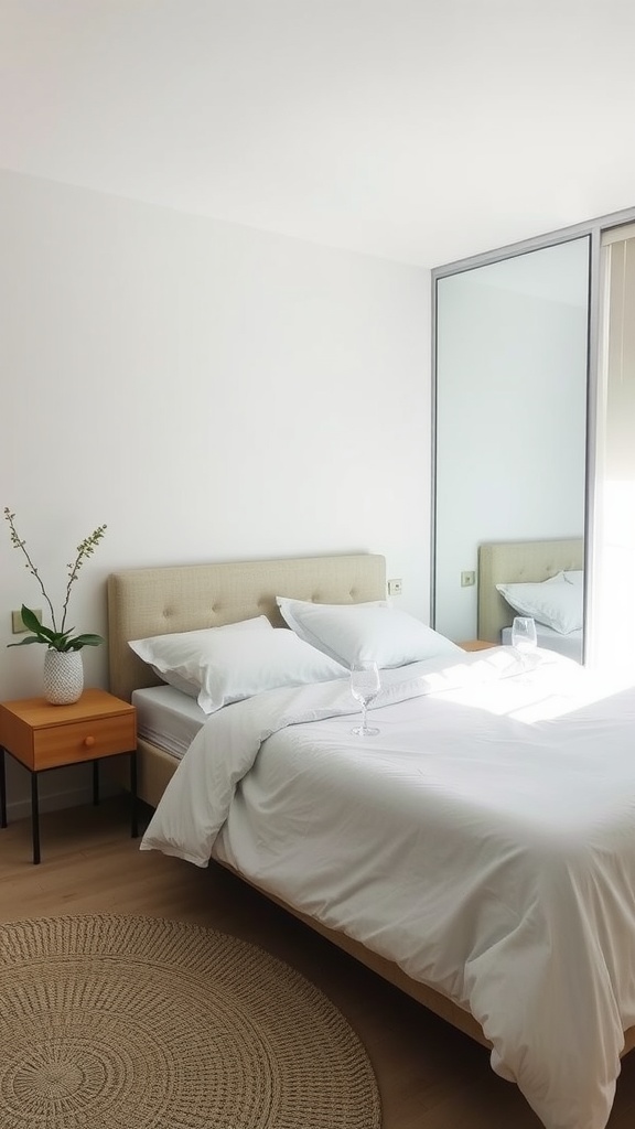 Small square bedroom featuring a bed, bedside table, and a large mirror reflecting light
