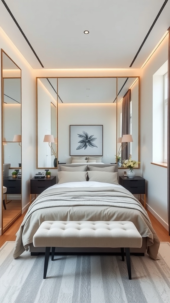 A narrow bedroom featuring large mirrors that reflect light and enhance depth.