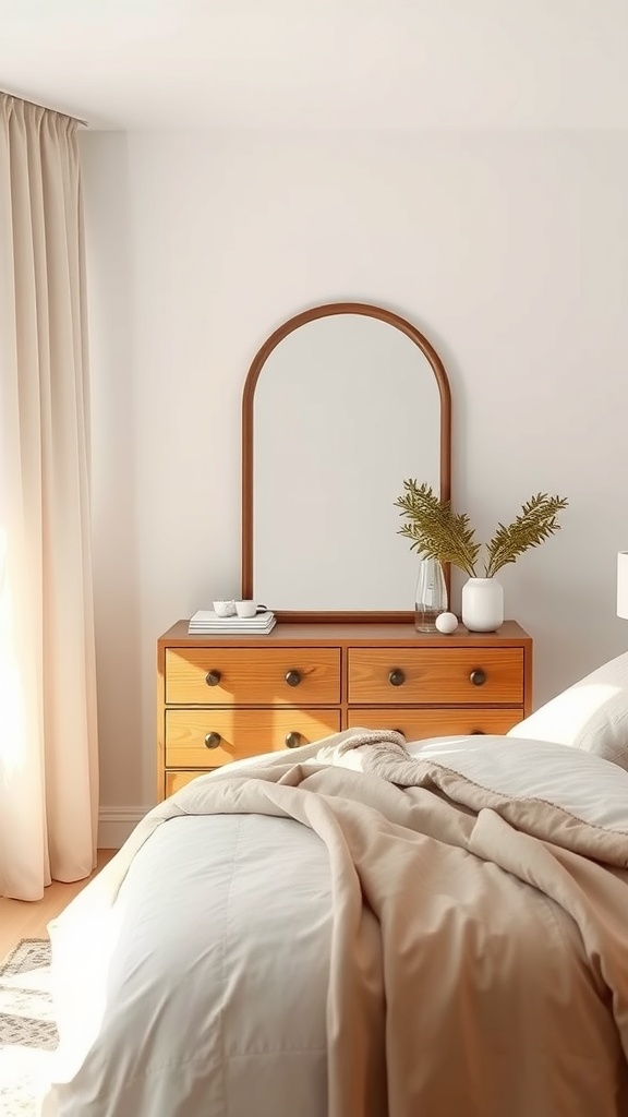 A small bedroom featuring a wooden dresser with an arched mirror above it, decorated with a vase and books.