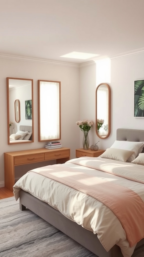 A bright summer bedroom featuring two mirrors reflecting light, a bed with soft linens, and a wooden dresser.
