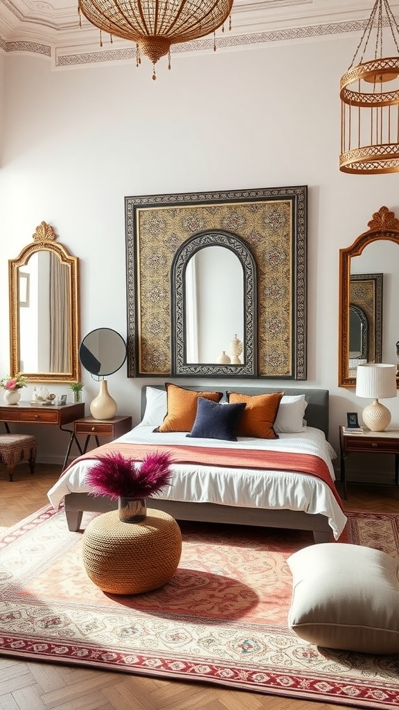 A stylish Moroccan bedroom featuring decorative mirrors that enhance light and open up the space.