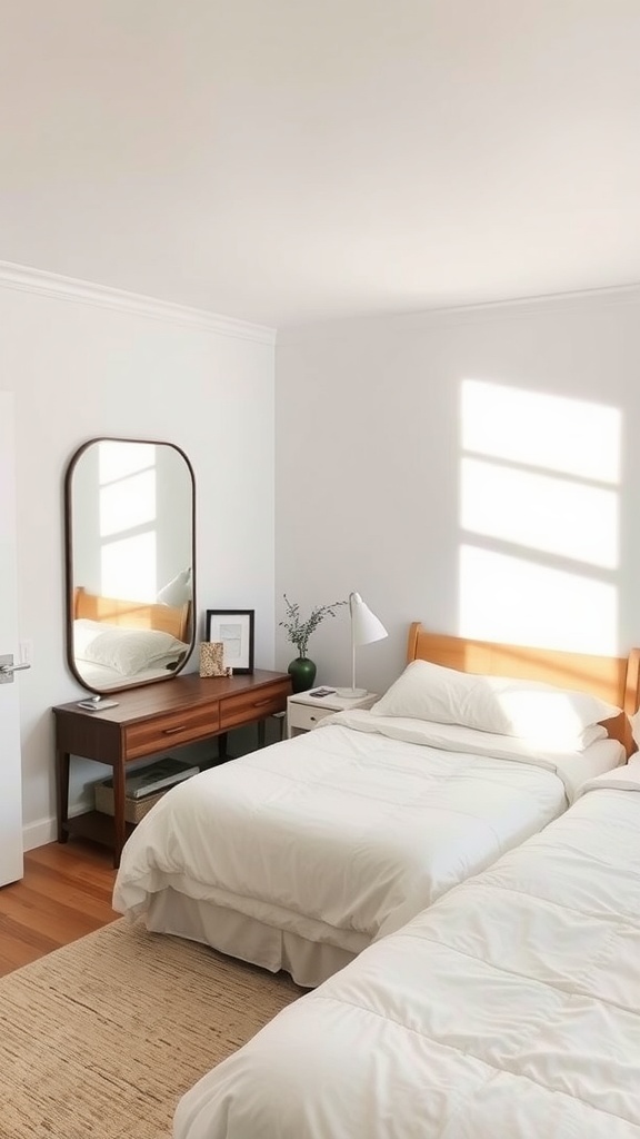 A shared bedroom featuring two beds, a large mirror, and a wooden desk, with natural light illuminating the room.