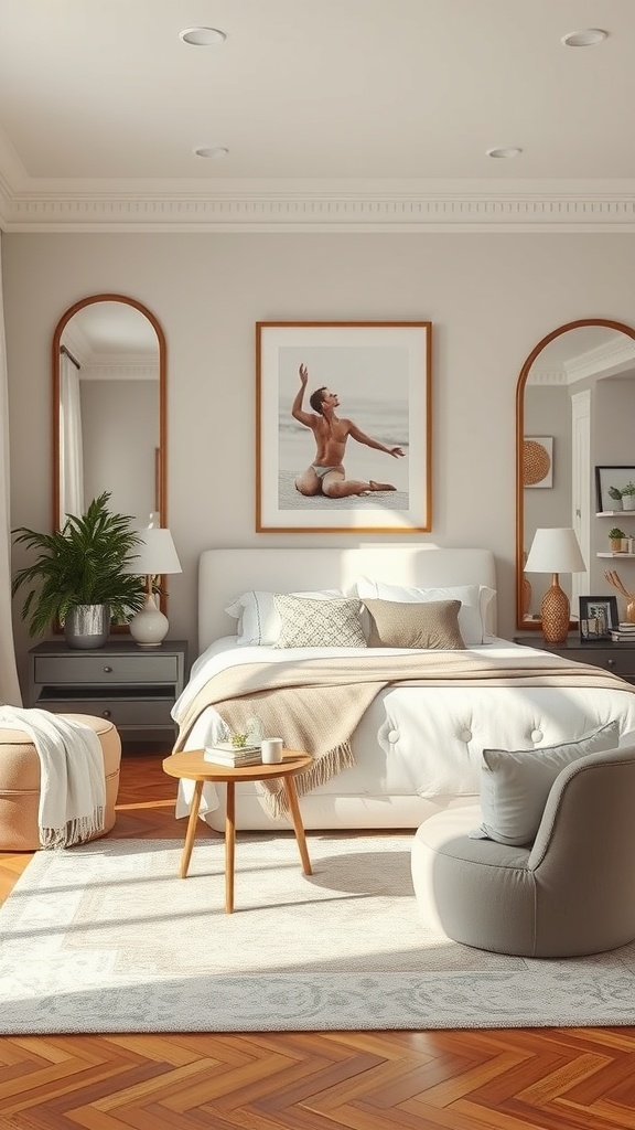 Cozy living room featuring mirrors that enhance light and space.