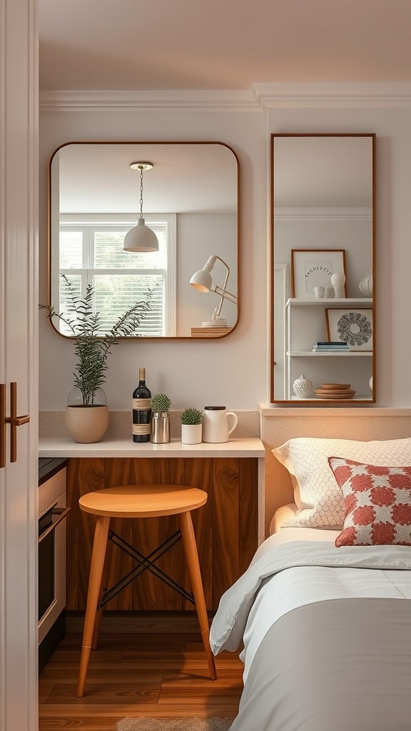 A cozy apartment kitchen featuring mirrors that enhance light and space.