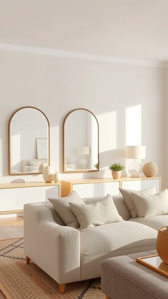 A bright living room featuring two mirrors reflecting light, with a cozy sofa and decorative elements.