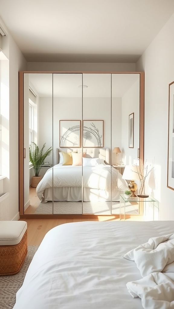 A small bedroom featuring a mirrored wardrobe, a bed with white bedding, and natural light illuminating the space.