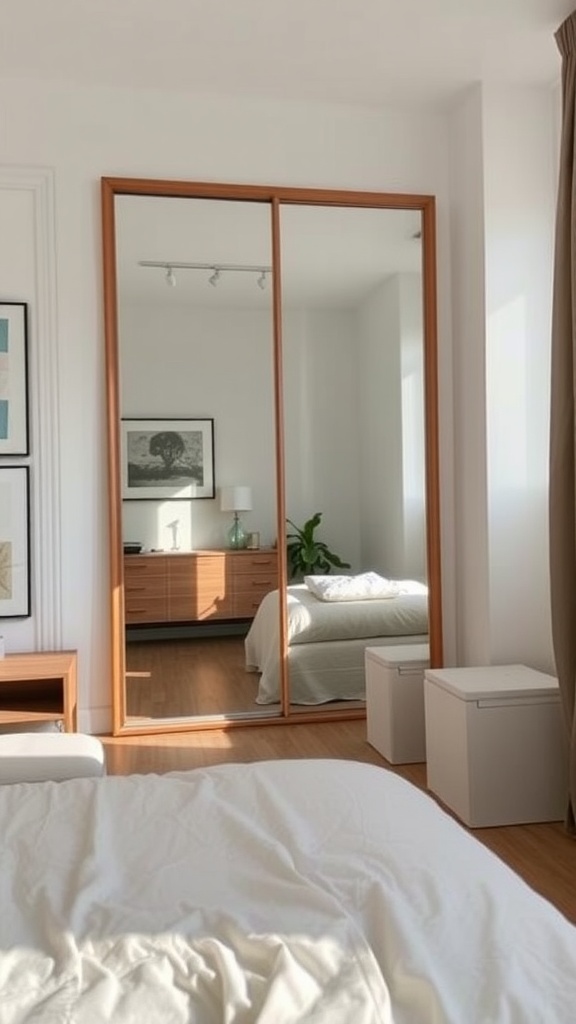 A bedroom with a large mirror reflecting light and furniture, showcasing a cozy and spacious atmosphere