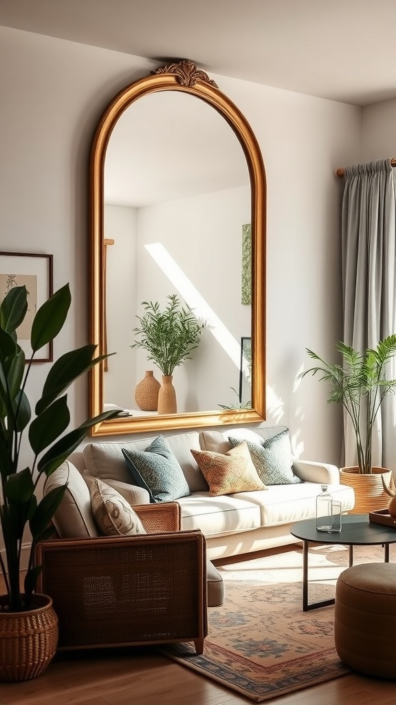 A stylish family room with a large ornate mirror reflecting light and plants, featuring a cozy sofa and warm decor.