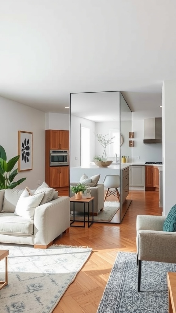 An open living room and kitchen with a mirror partition, showcasing modern design.