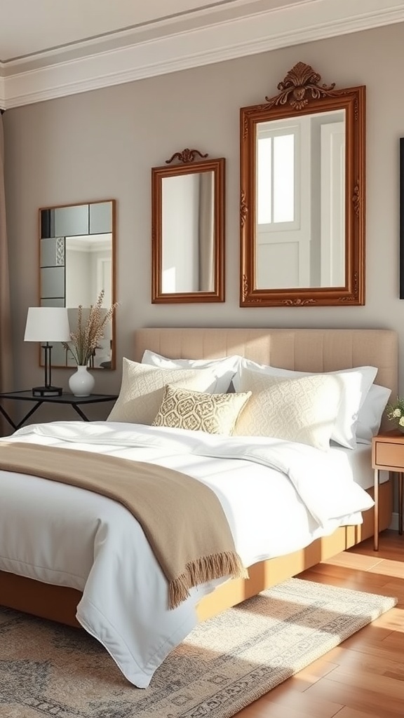 A chic bedroom featuring a bed with decorative pillows, a beige throw, and multiple mirrors on the wall.