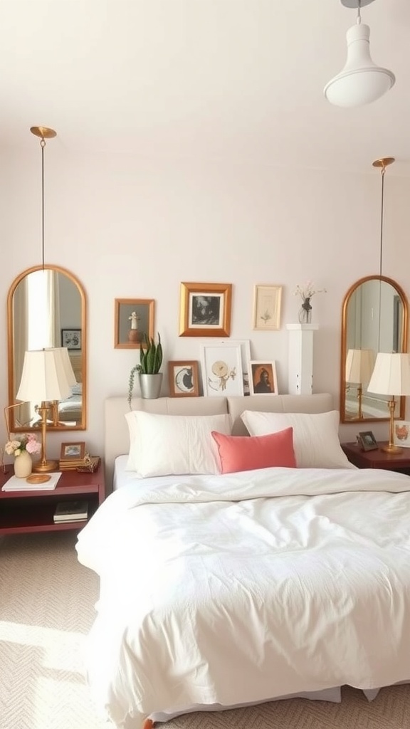 A cozy Scandinavian boho bedroom featuring two large mirrors, warm wooden accents, and soft white bedding.