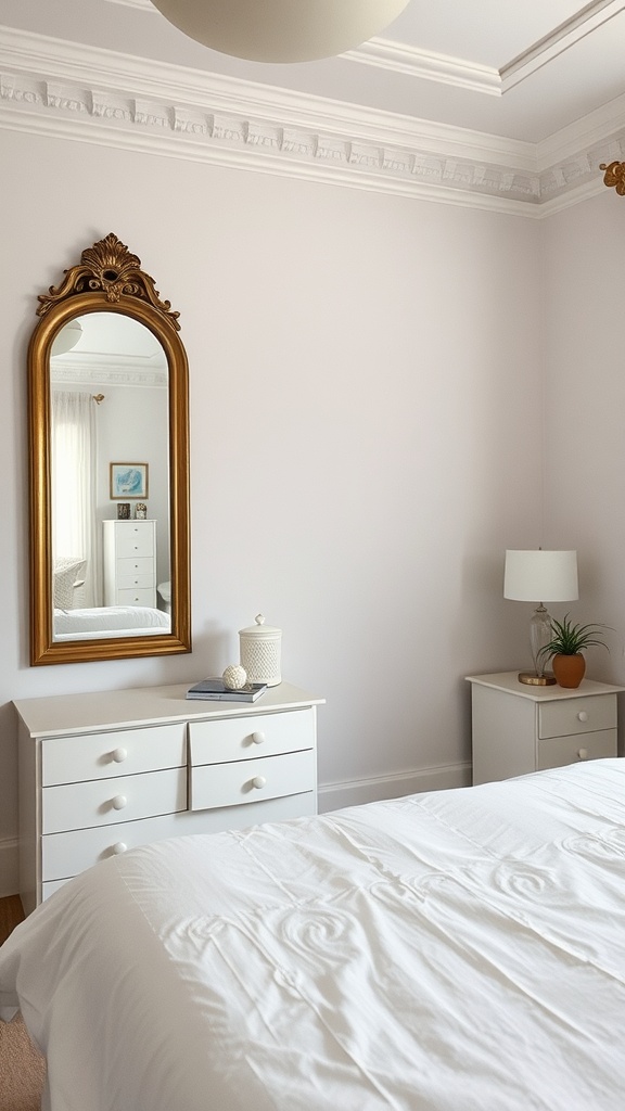 A guest bedroom featuring a large ornate mirror, white bedding, and light-colored furniture.